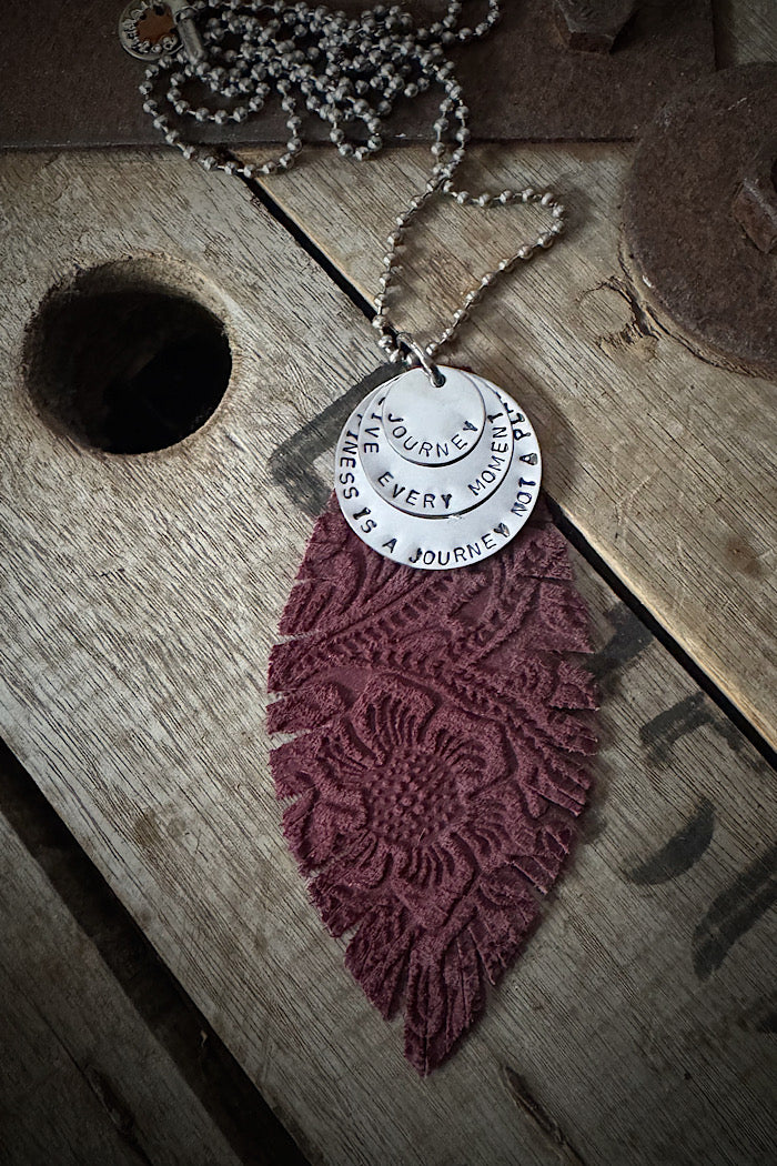 MICKELLOO FEATHER & CHARMS NECKLACE  - MERLOT EMBOSSED FLORAL - JOURNEY