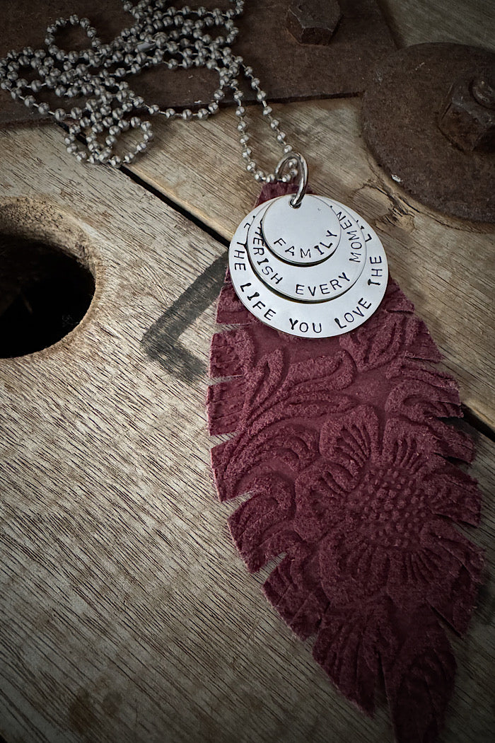 MICKELLOO FEATHER & CHARMS NECKLACE  - MERLOT EMBOSSED FLORAL - FAMILY