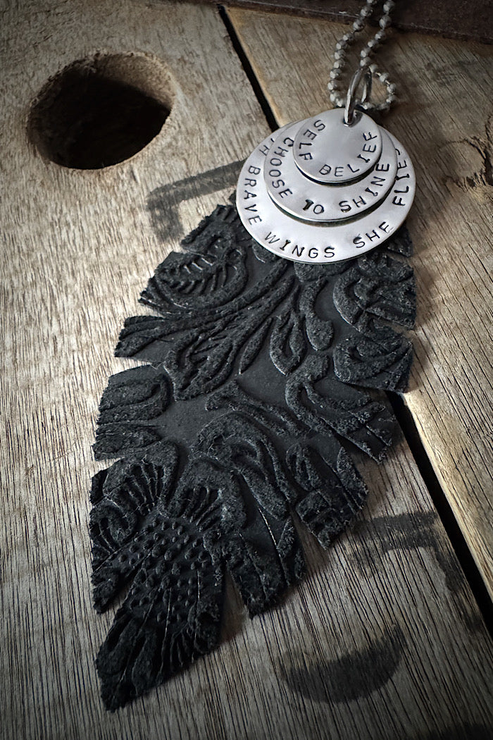 MICKELLOO FEATHER & CHARMS NECKLACE  - JETT BLACK EMBOSSED FLORAL - DREAM BIG