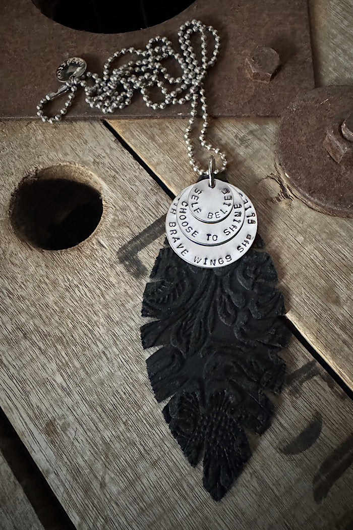 MICKELLOO FEATHER & CHARMS NECKLACE  - JETT BLACK EMBOSSED FLORAL - DREAM BIG