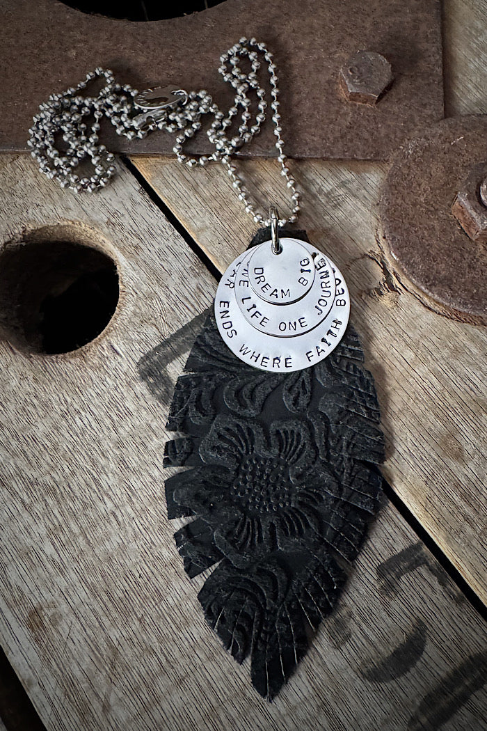 MICKELLOO FEATHER & CHARMS NECKLACE  - JETT BLACK EMBOSSED FLORAL - DREAM BIG