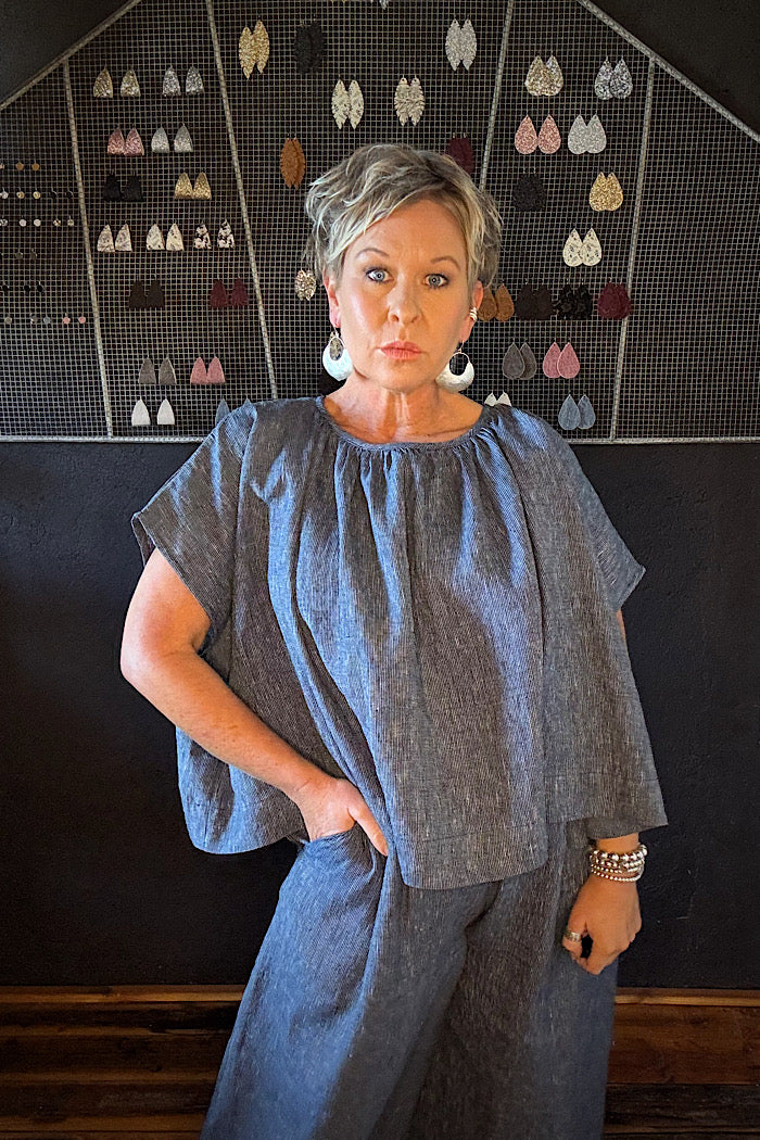 POPPY TOP - NAVY PINSTRIPE