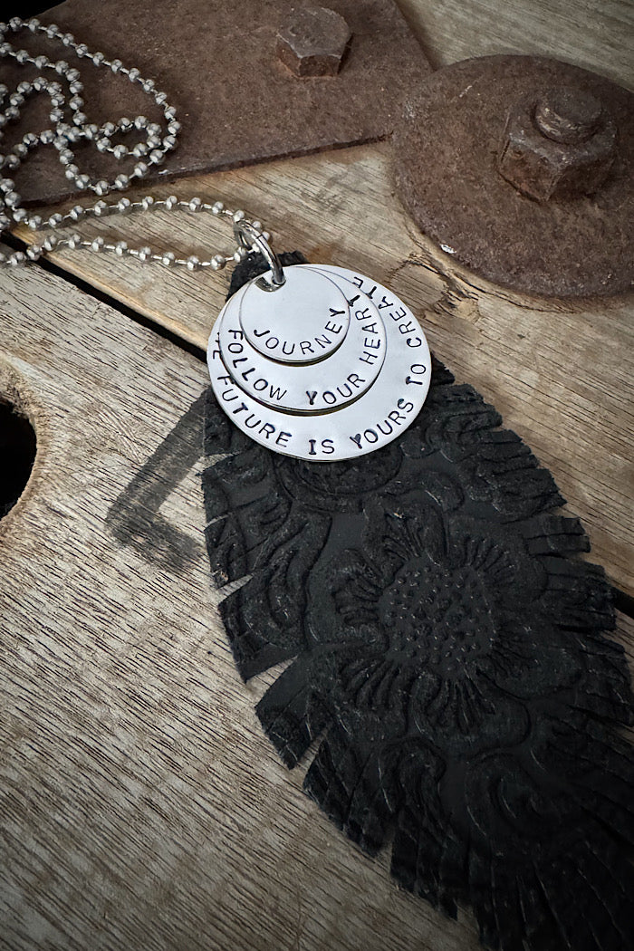 MICKELLOO FEATHER & CHARMS NECKLACE  - JETT BLACK EMBOSSED FLORAL - JOURNEY