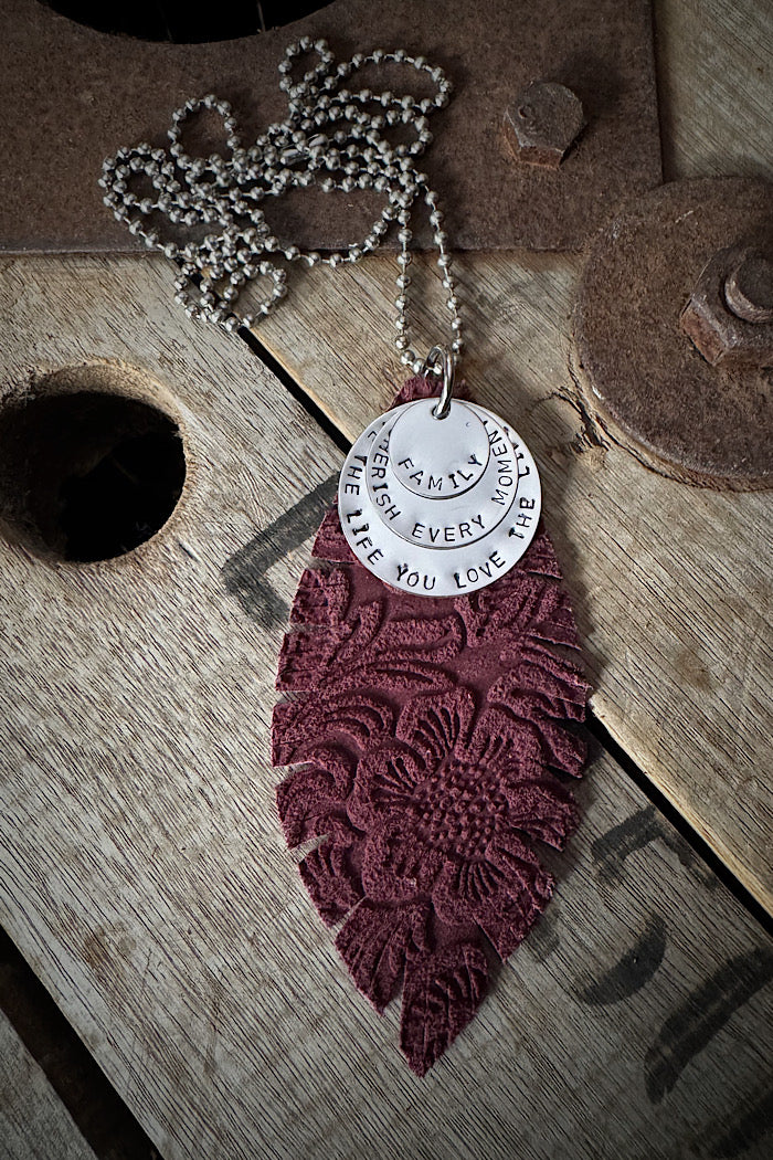 MICKELLOO FEATHER & CHARMS NECKLACE  - MERLOT EMBOSSED FLORAL - FAMILY