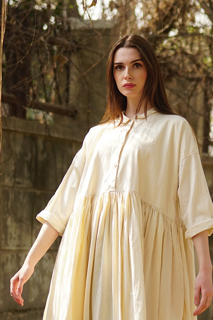 EDITH LONG COTTON TWILL DRESS - CREAM