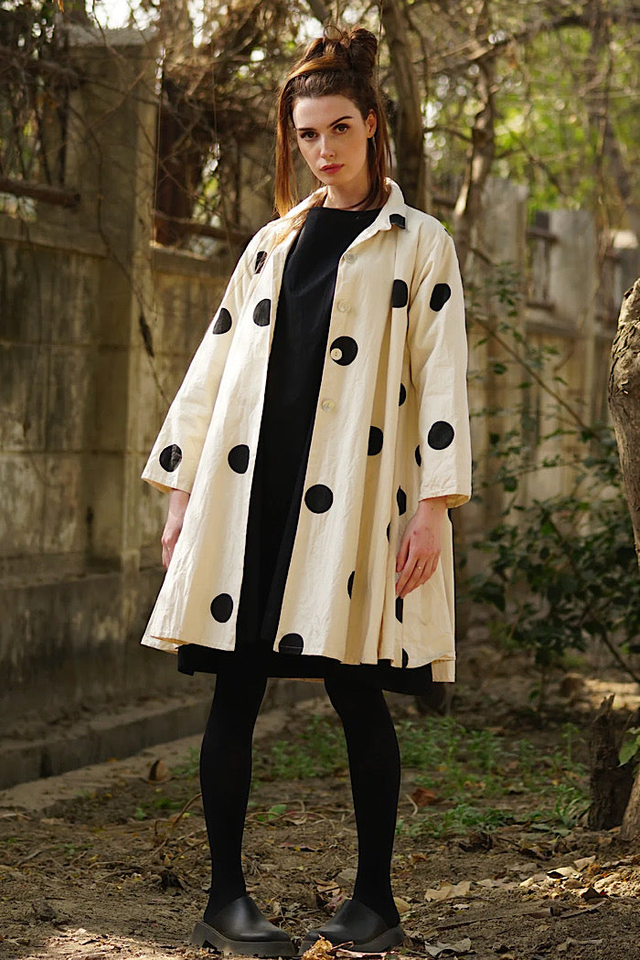 MATISSE LONG COAT - CREAM WITH BLACK POLKA DOT