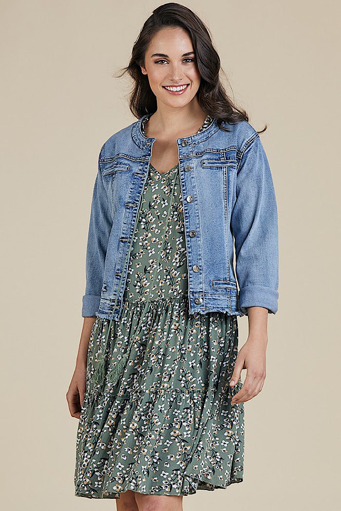 Plus size sales collarless denim jacket