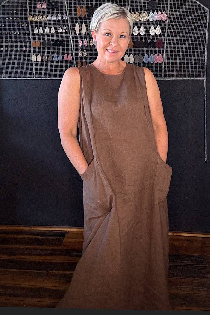 MONTAIGNE LINEN REMY DRESS - TOBACCO