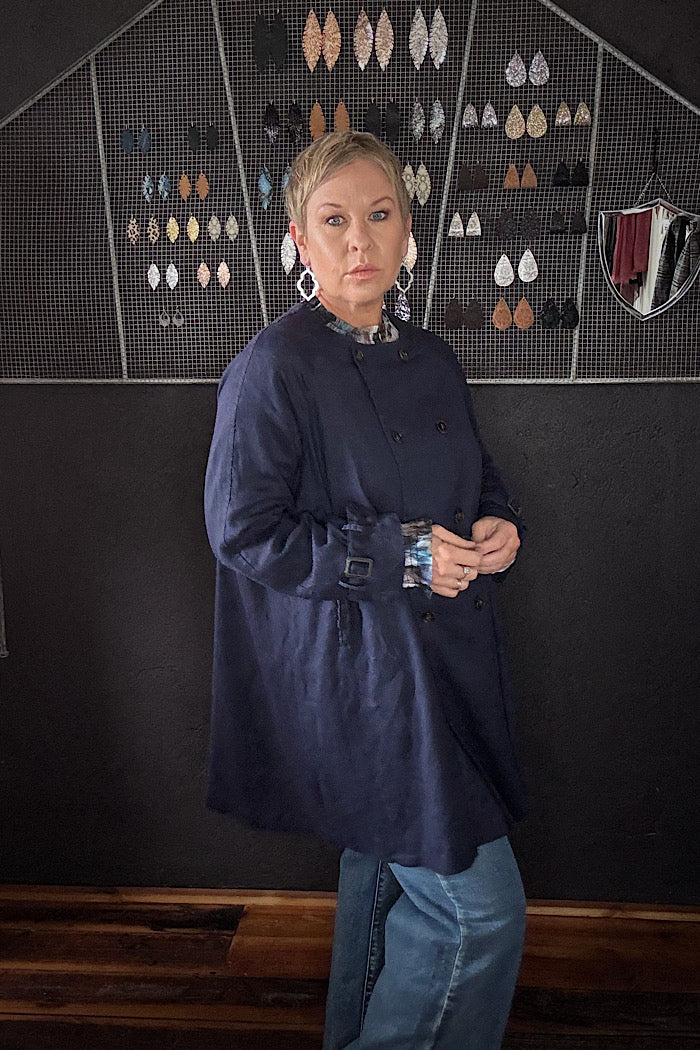 BERG FRENCH LINEN COLLARLESS PEACOAT - NAVY
