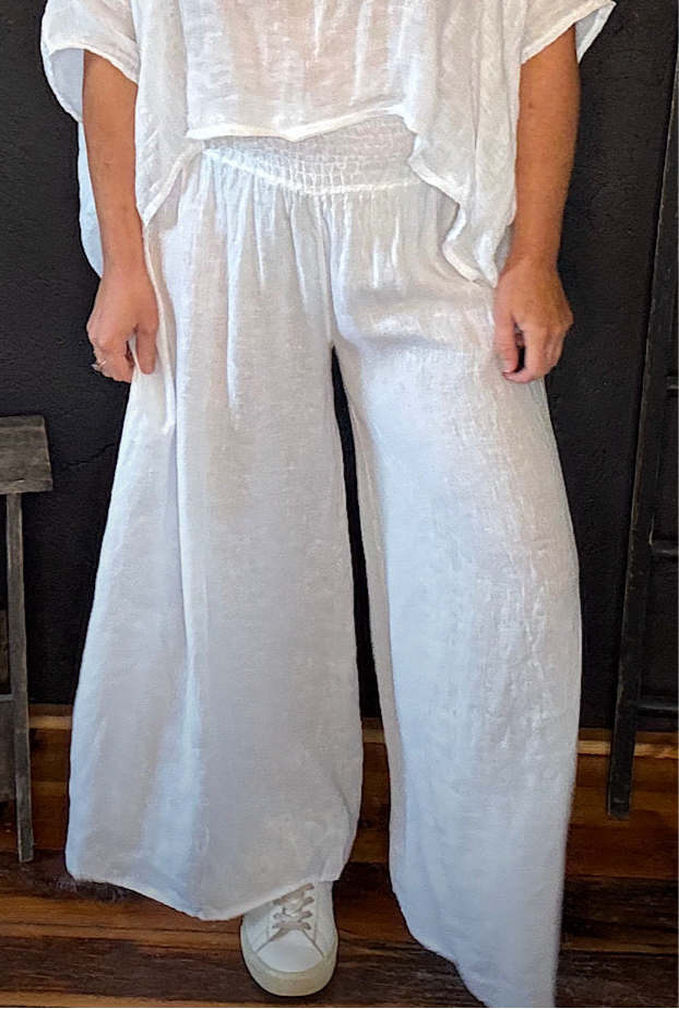 LINEN WIDE LEG COLLOT - WHITE