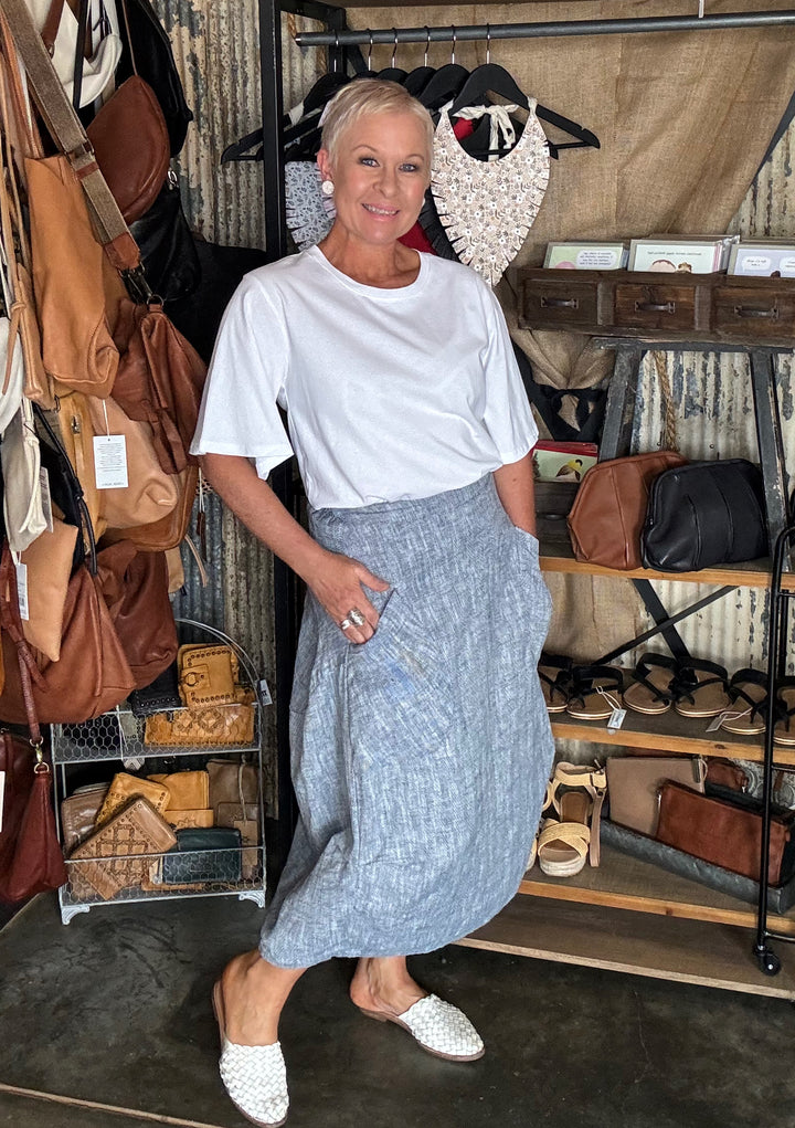 OLGA DE POLGA MILWAUKEE PANORAMA SKIRT - NAVY HERRINGBONE LINEN