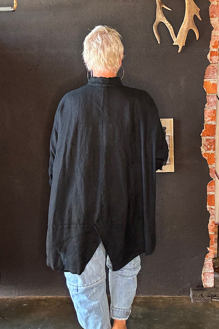 MONTAIGNE FRANCOIS LONG SLEEVE LINEN BUTTON UP SHIRT - BLACK