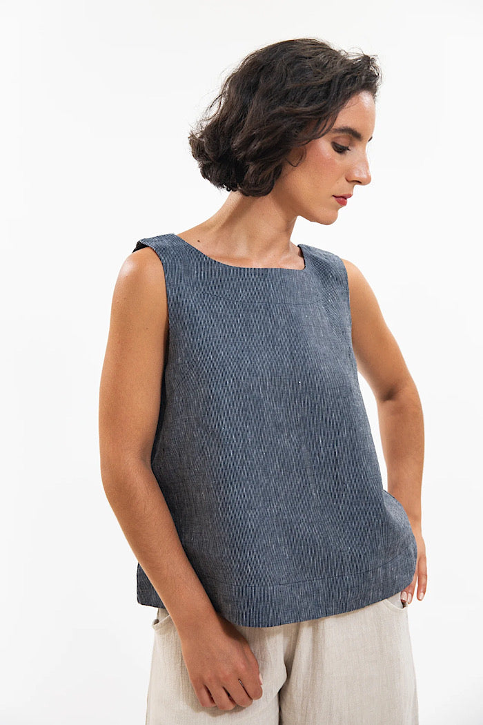 ELLIS SHELL TOP - NAVY PINSTRIPE