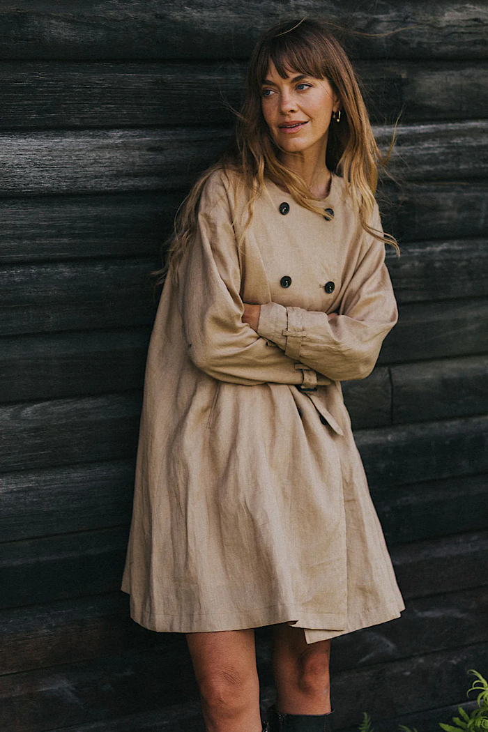 BERG FRENCH LINEN COLLARLESS PEACOAT - CAMEL