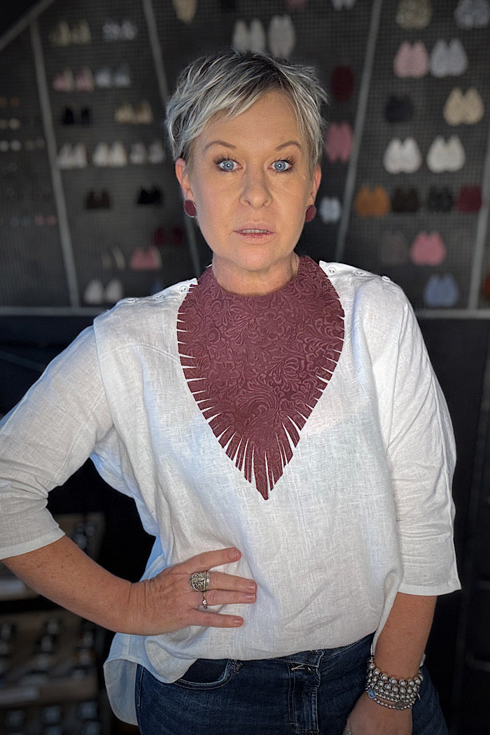 MICKELLOO “RUFFLED FEATHERS” NECKLACE - EMBOSSED MERLOT FLORAL