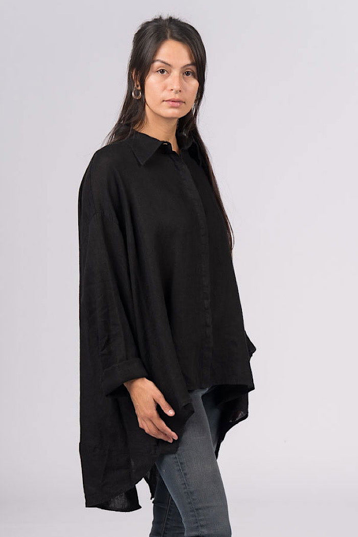 MONTAIGNE FRANCOIS LONG SLEEVE LINEN BUTTON UP SHIRT - BLACK