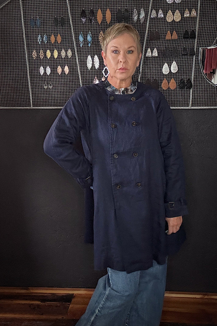 BERG FRENCH LINEN COLLARLESS PEACOAT - NAVY