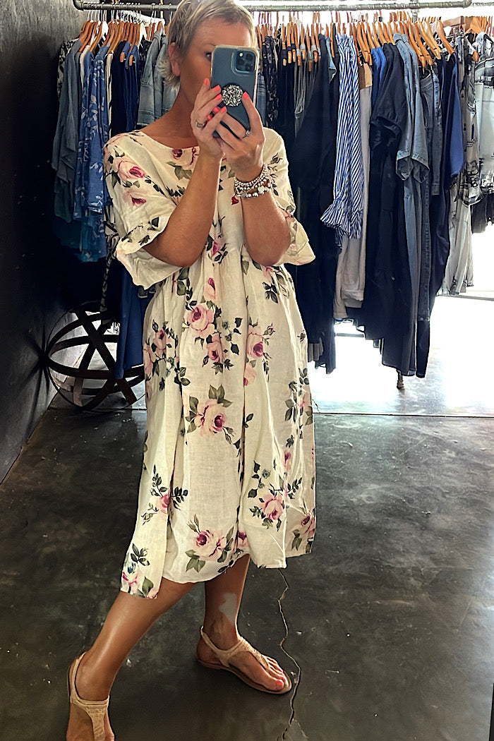 AUDREY LINEN FLORAL DRESS - VANILLA