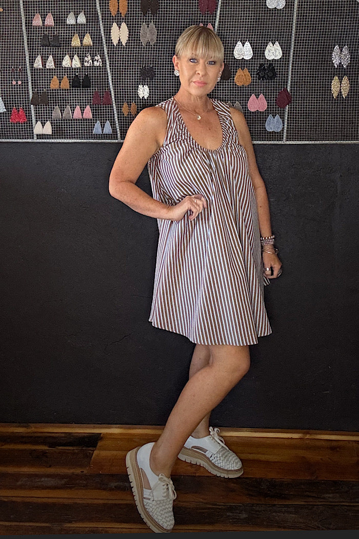 STACEY GATHERED MINI DRESS - CHOCOLATE/BLUE STRIPE