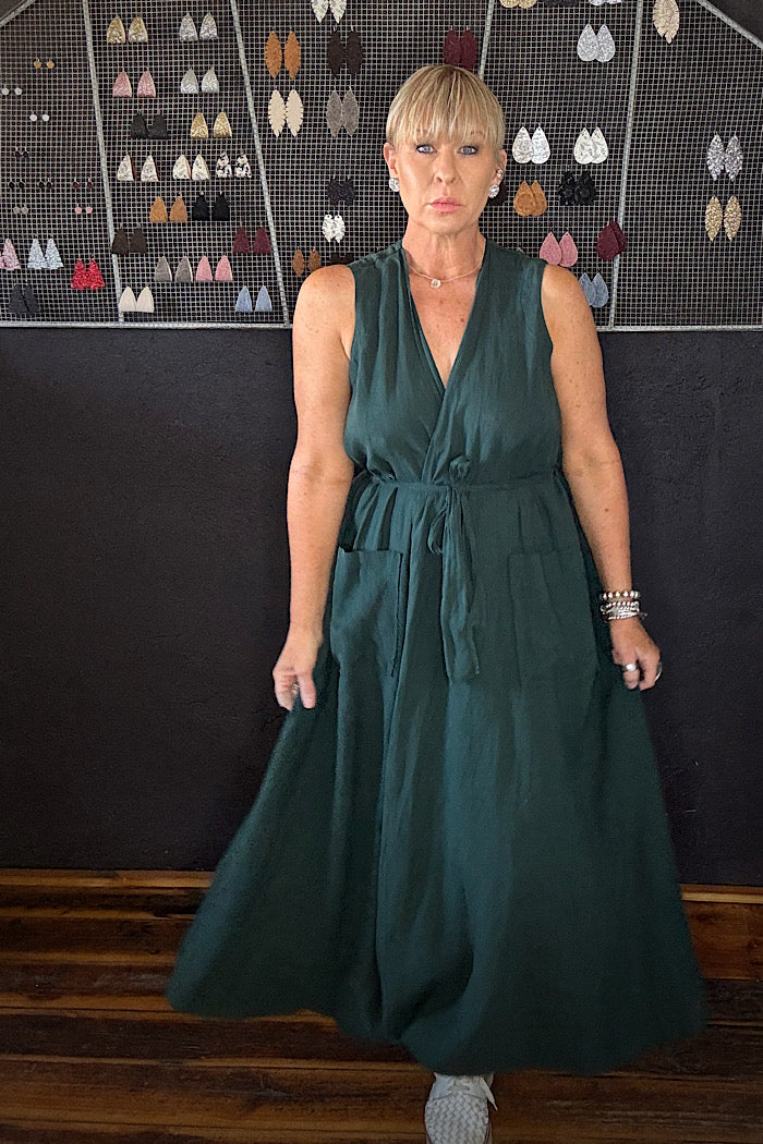 MONTAIGNE GENEVIEVE WRAP AROUND LINEN DRESS WITH LARGE POCKETS- TEAL