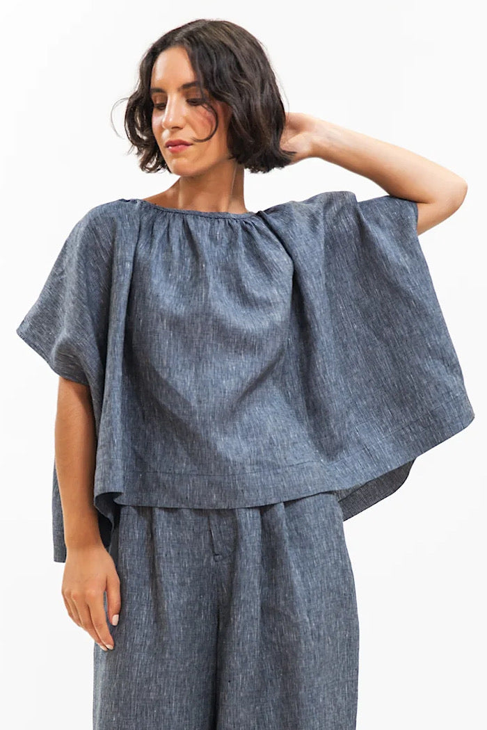 POPPY TOP - NAVY PINSTRIPE
