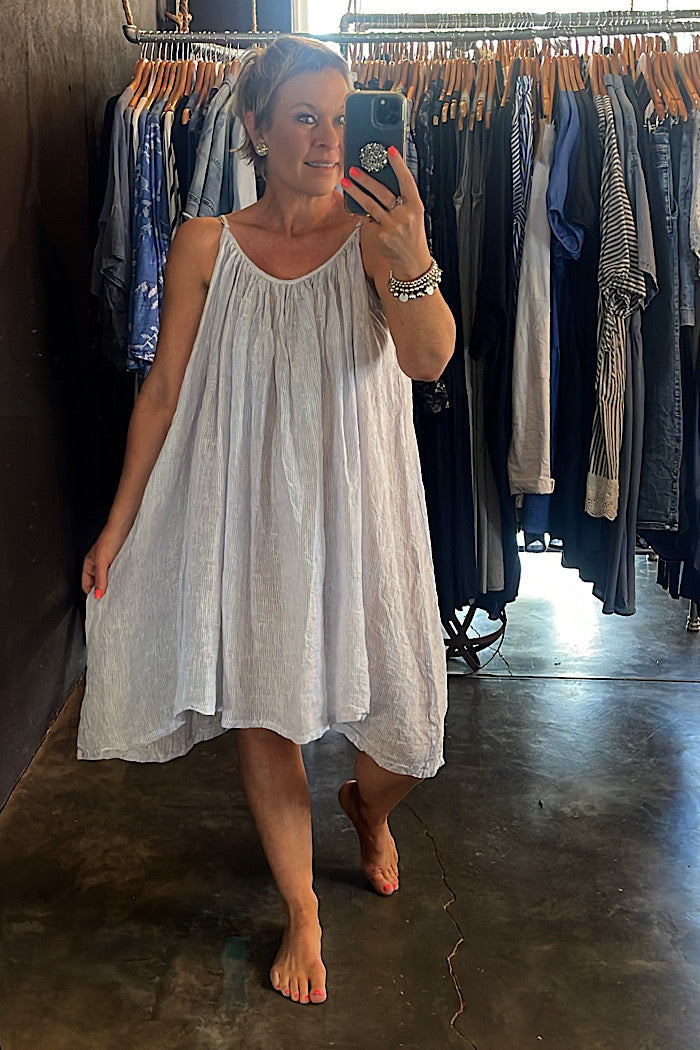 STEFANIA DRESS - GAUZE LINEN - BLUE PIN STRIPE