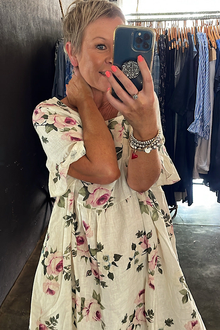 AUDREY LINEN FLORAL DRESS - VANILLA