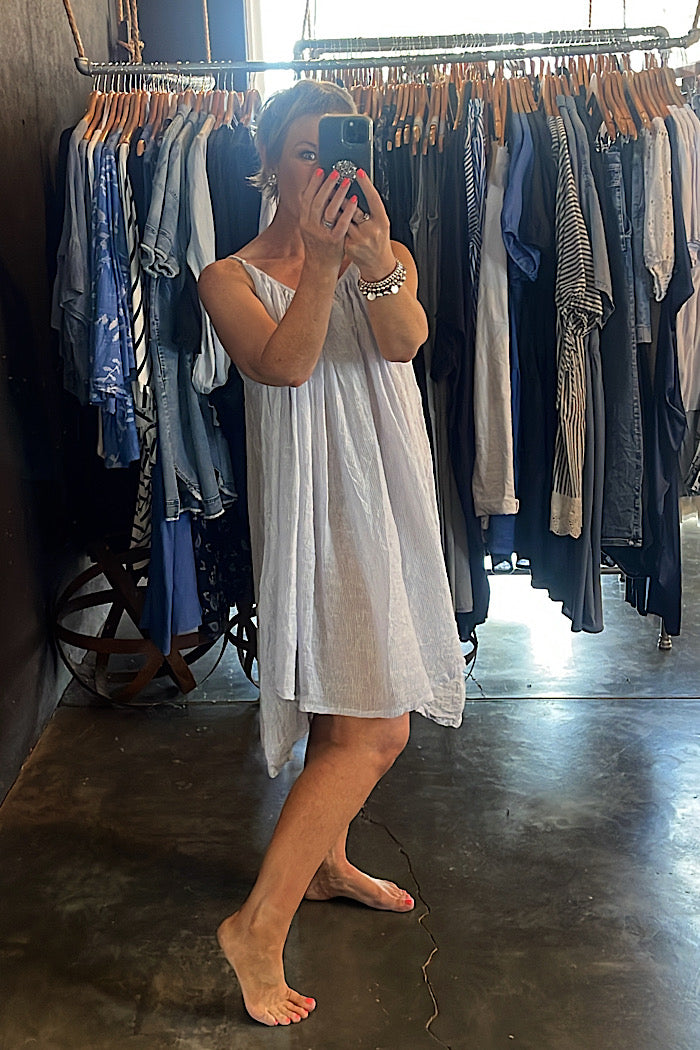 STEFANIA DRESS - GAUZE LINEN - BLUE PIN STRIPE