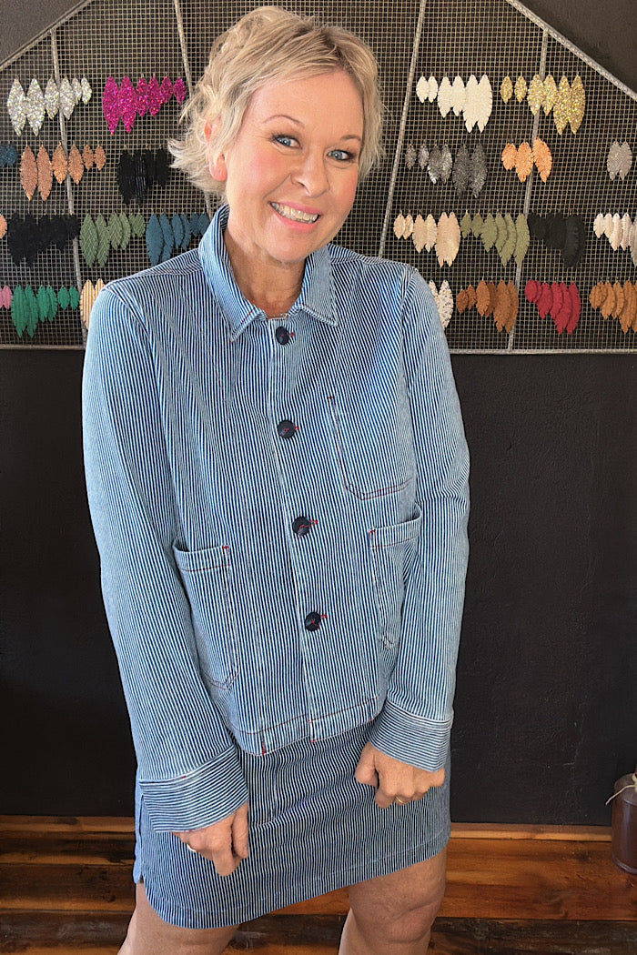 PINSTRIPE BUTTON FRONT JACKET - JET BLUE