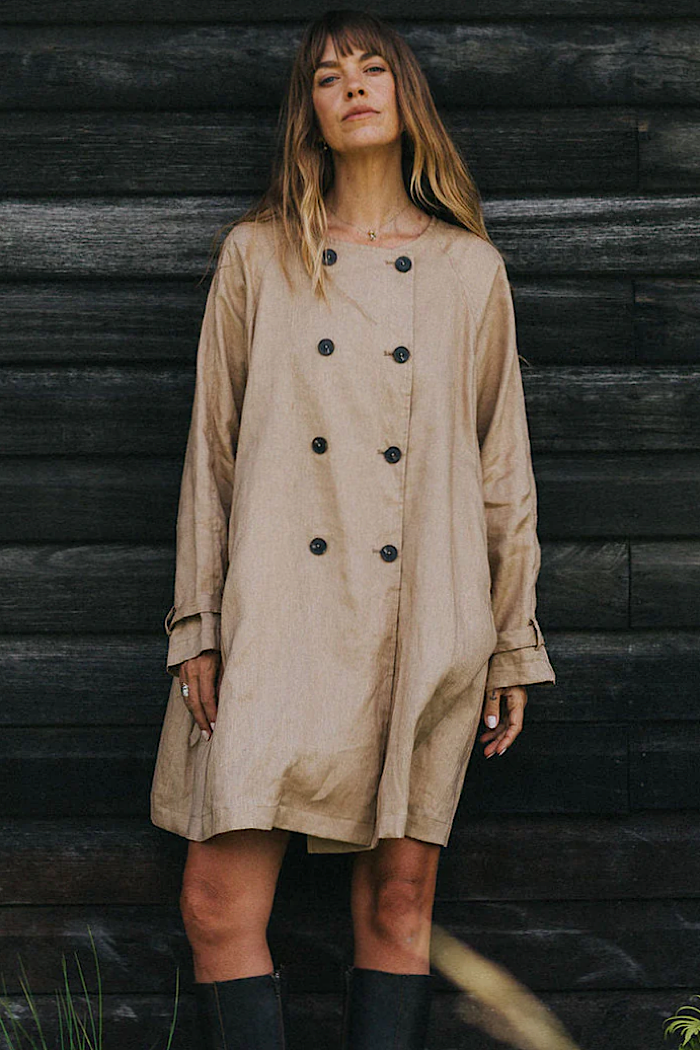 BERG FRENCH LINEN COLLARLESS PEACOAT - CAMEL
