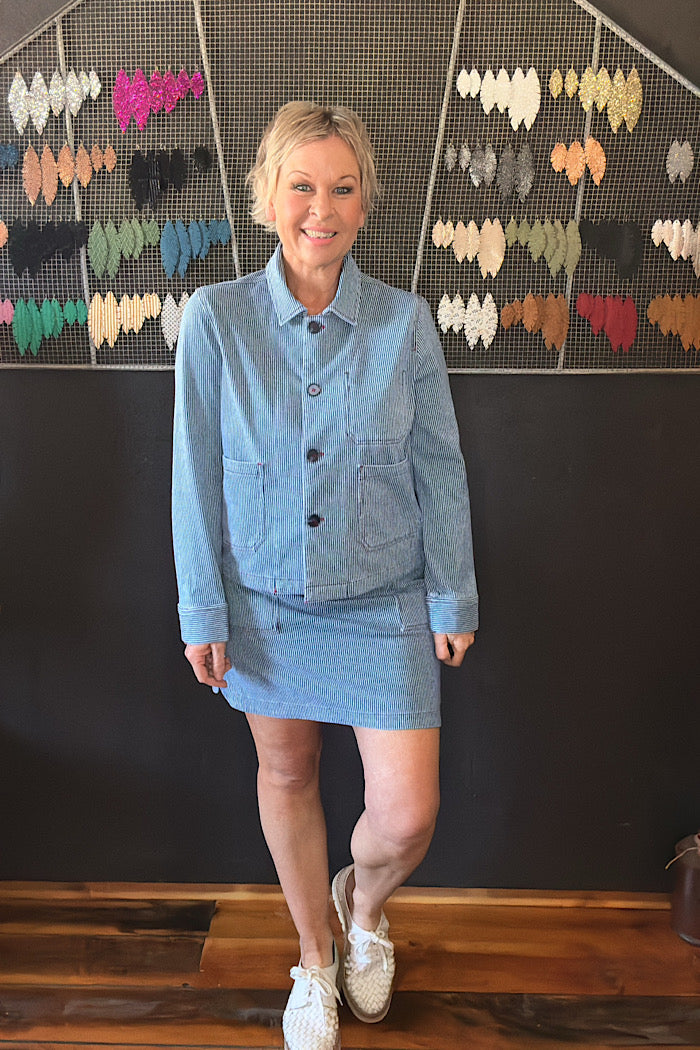 PINSTRIPE BUTTON FRONT JACKET - JET BLUE