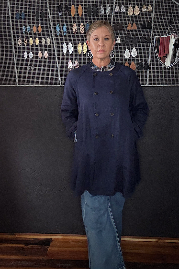 BERG FRENCH LINEN COLLARLESS PEACOAT - NAVY