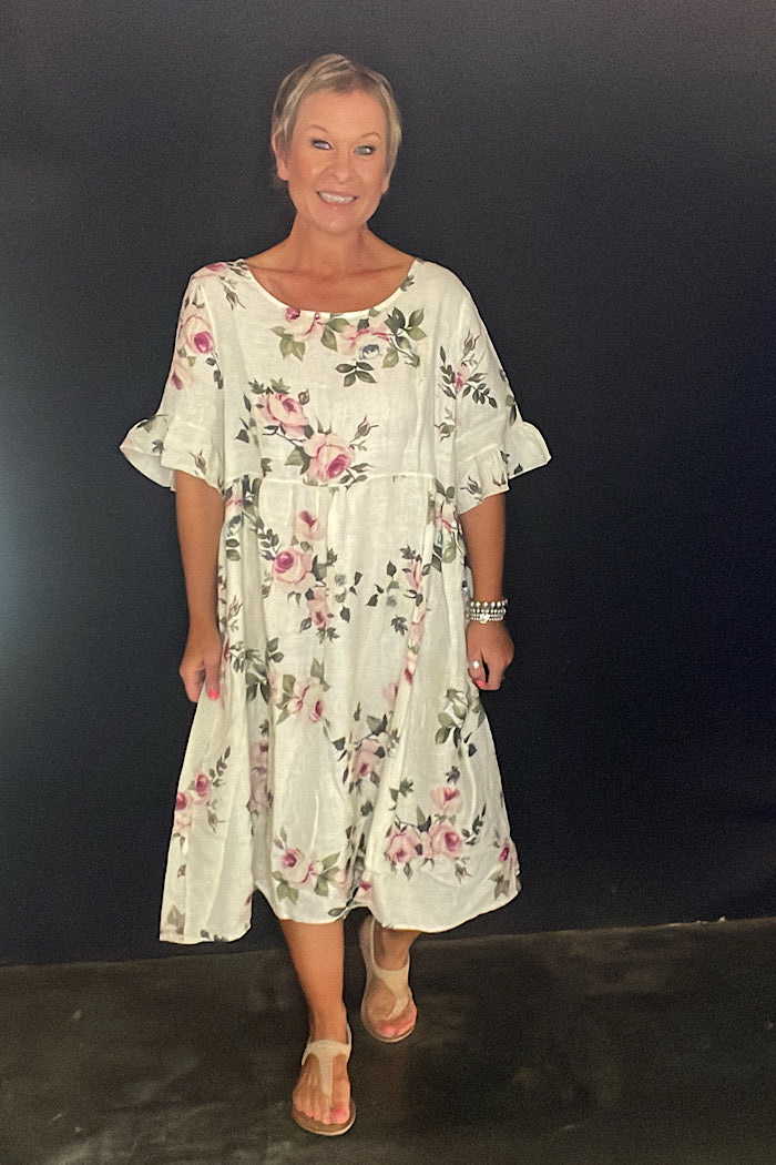 AUDREY LINEN FLORAL DRESS - VANILLA