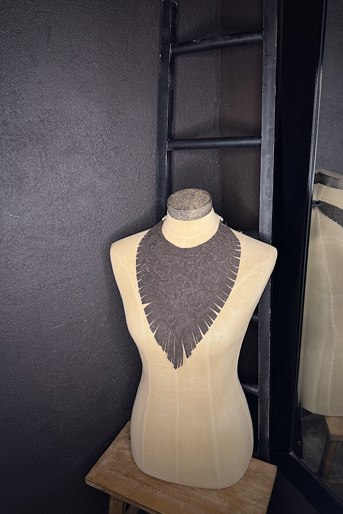 MICKELLOO “RUFFLED FEATHERS” NECKLACE - EMBOSSED ESPRESSO FLORAL