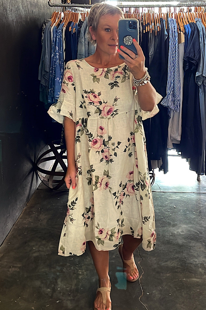 AUDREY LINEN FLORAL DRESS - VANILLA