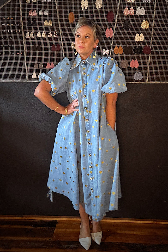 LA BOHEME GIRLS PEYTON MIDI DRESS DENIM HEARTS