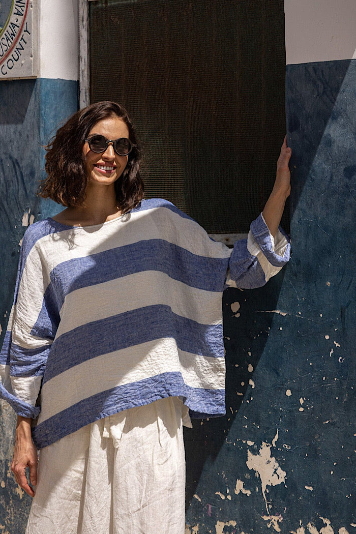 SABA LINEN TOP - BLUE STRIPE