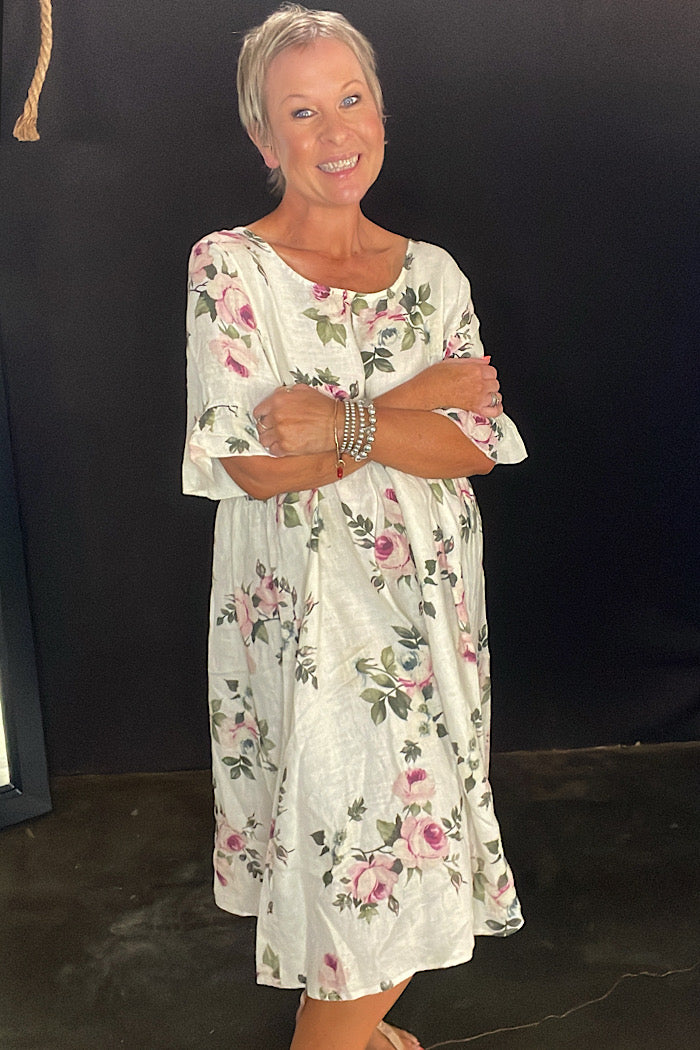 AUDREY LINEN FLORAL DRESS - VANILLA