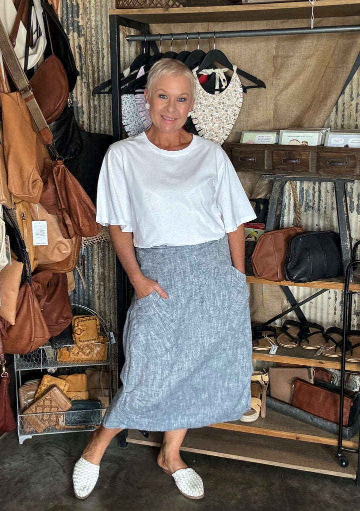 OLGA DE POLGA MILWAUKEE PANORAMA SKIRT - NAVY HERRINGBONE LINEN