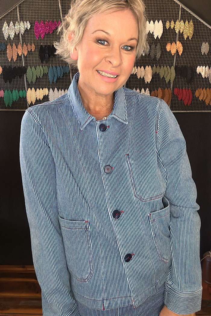 PINSTRIPE BUTTON FRONT JACKET - JET BLUE