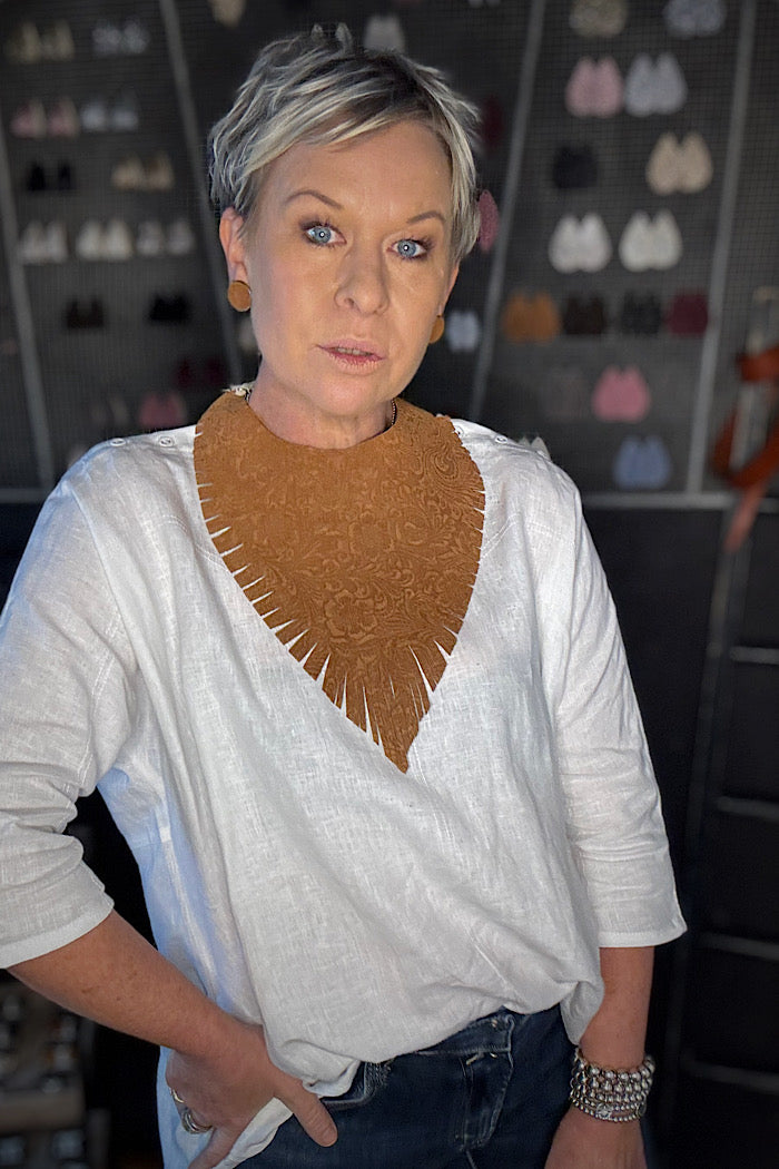 MICKELLOO “RUFFLED FEATHERS” NECKLACE - EMBOSSED CINNAMON FLORAL