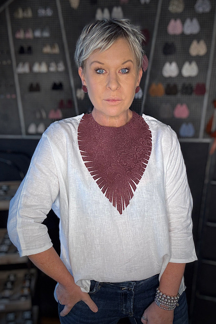 MICKELLOO “RUFFLED FEATHERS” NECKLACE - EMBOSSED MERLOT FLORAL