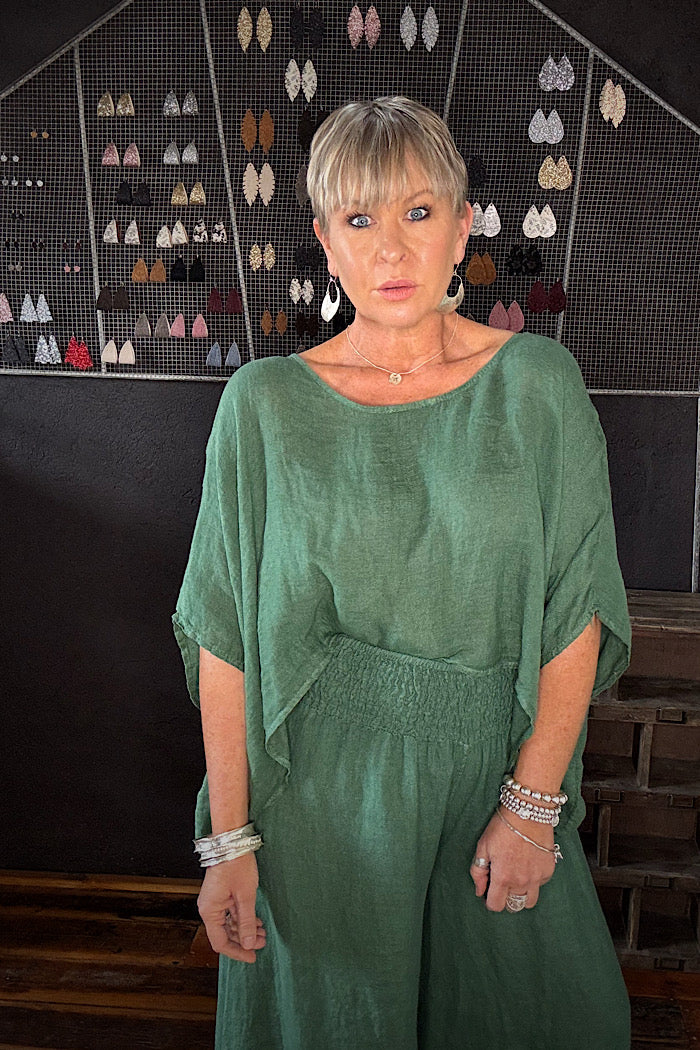 LINEN WIDE LEG COLLOT - FOREST GREEN