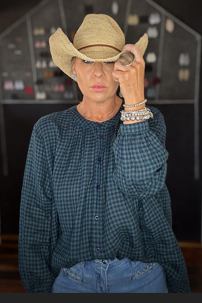 MONTAIGNE CARMEN BUTTON THROUGH LONG SLEEVE LINEN SHIRT - TINY BLUE CHECK