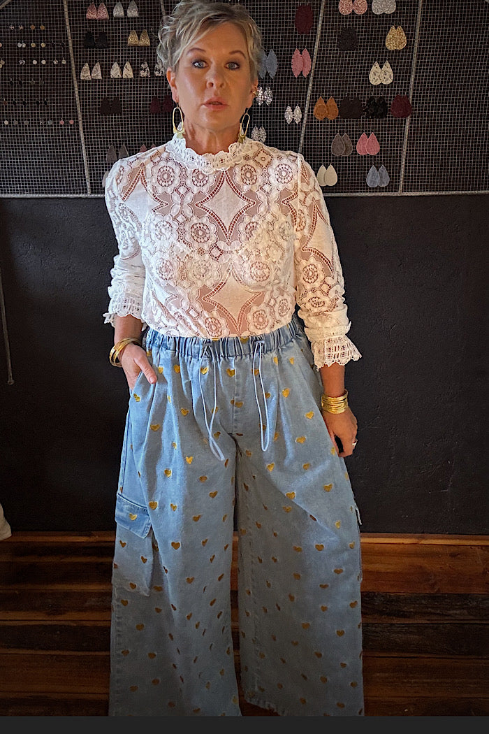 LA BOHEME GIRLS EZRA PANT DENIM HEARTS -
