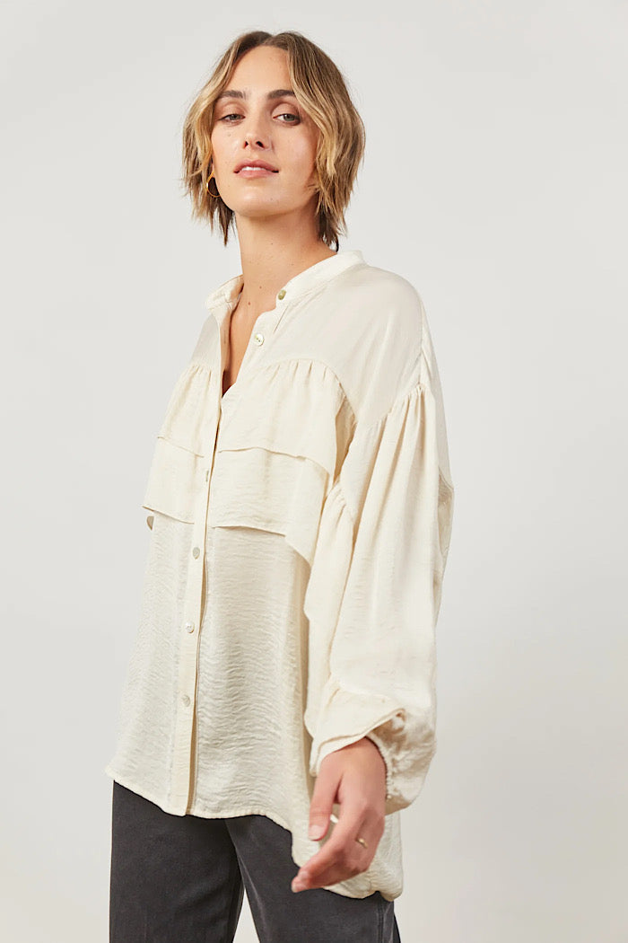 button down ruffle blouse