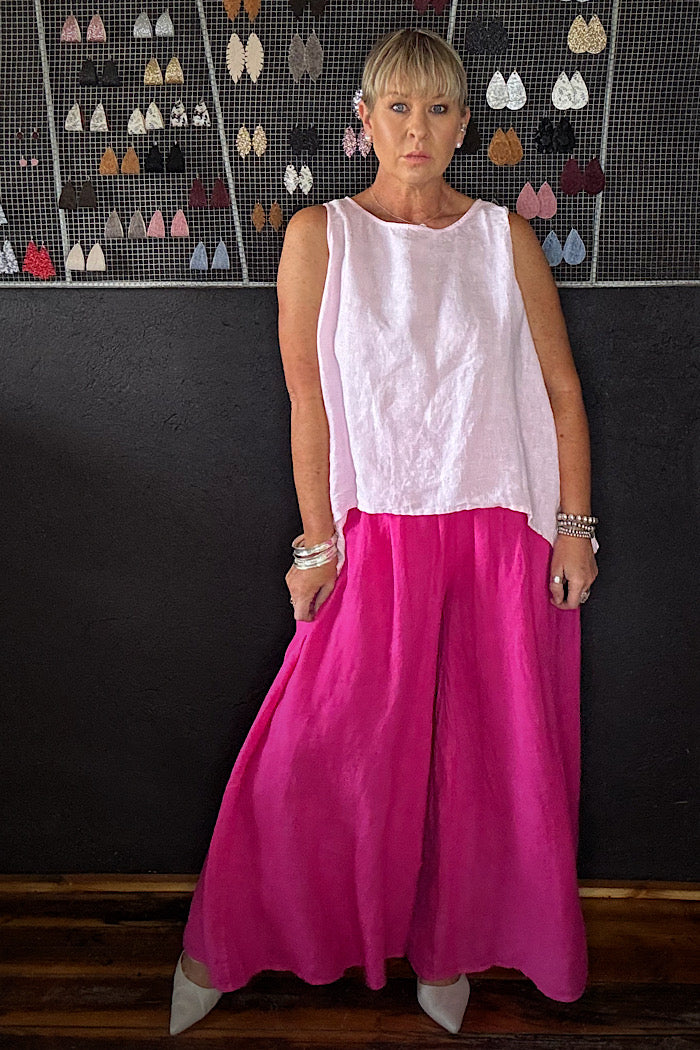 LINEN WIDE LEG COLLOT - FUSCHIA