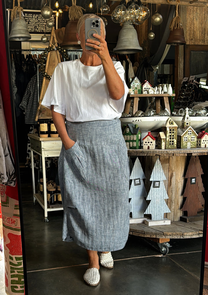OLGA DE POLGA MILWAUKEE PANORAMA SKIRT - NAVY HERRINGBONE LINEN