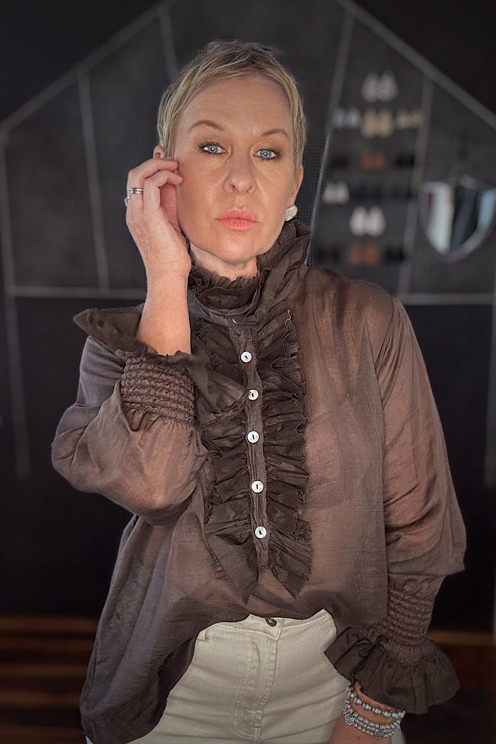 ODILE COTTON SILK BLOUSE - CHOCOLATE