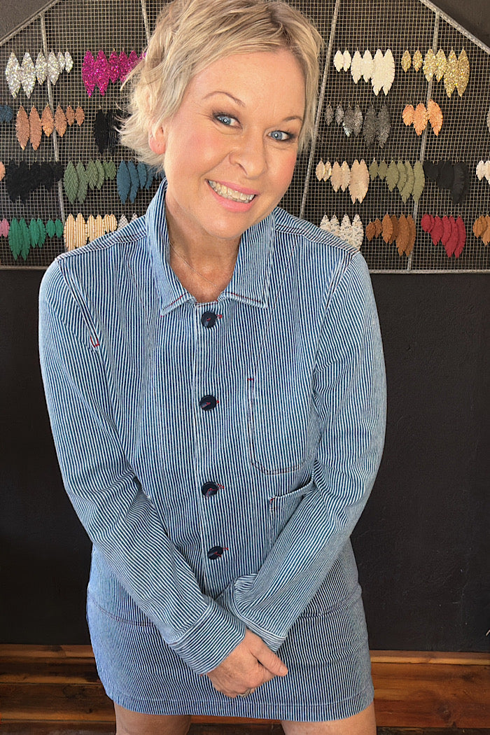 PINSTRIPE BUTTON FRONT JACKET - JET BLUE
